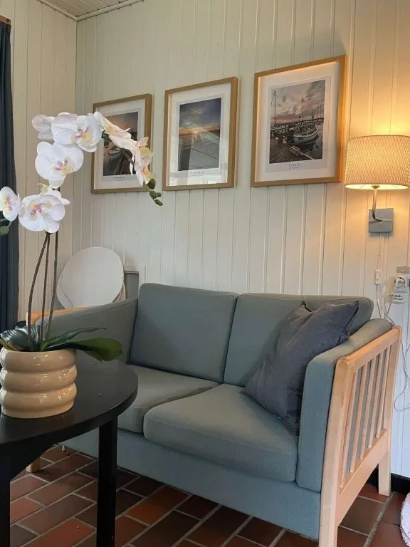 Blå sofa med puder, blomster på bordet og Langelandsbilleder på væggen i sommerhuset på Langeland.