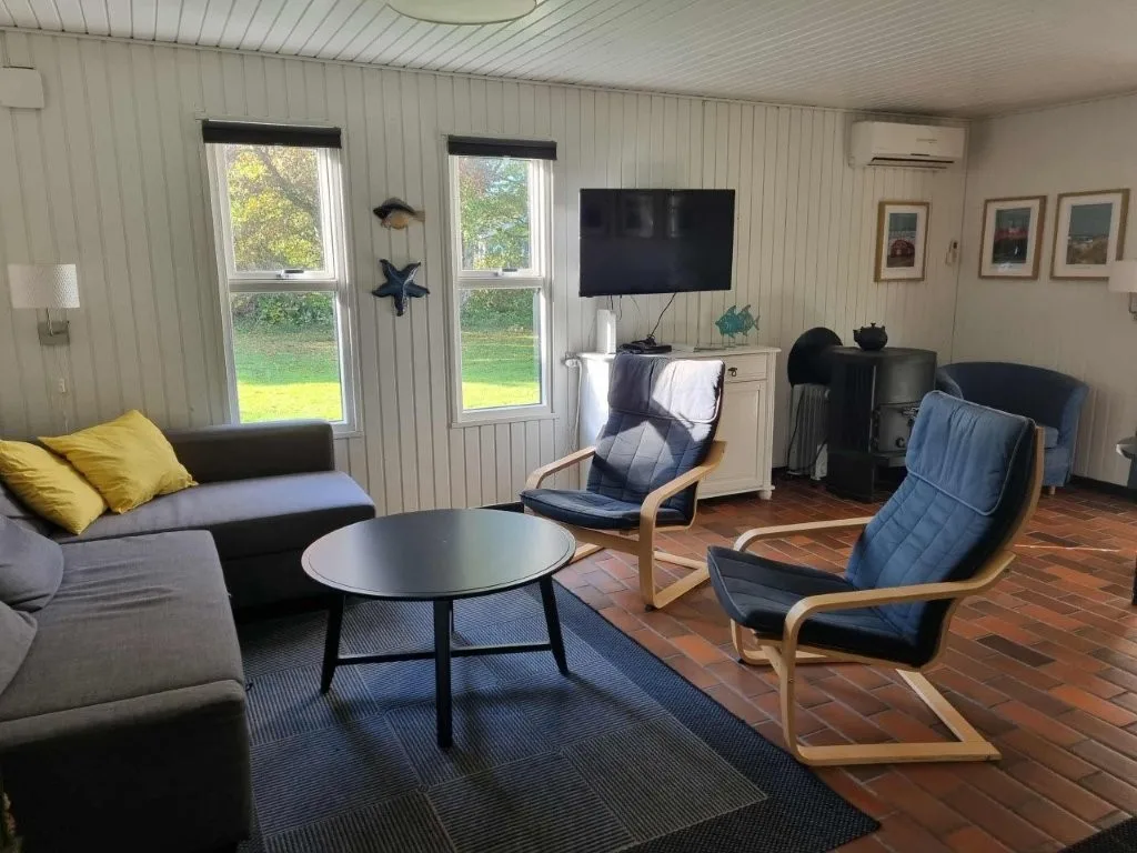 To lænestole og sofabord med kig til haven gennem vinduerne samt Smart TV i stuen i sommerhuset på Langeland.